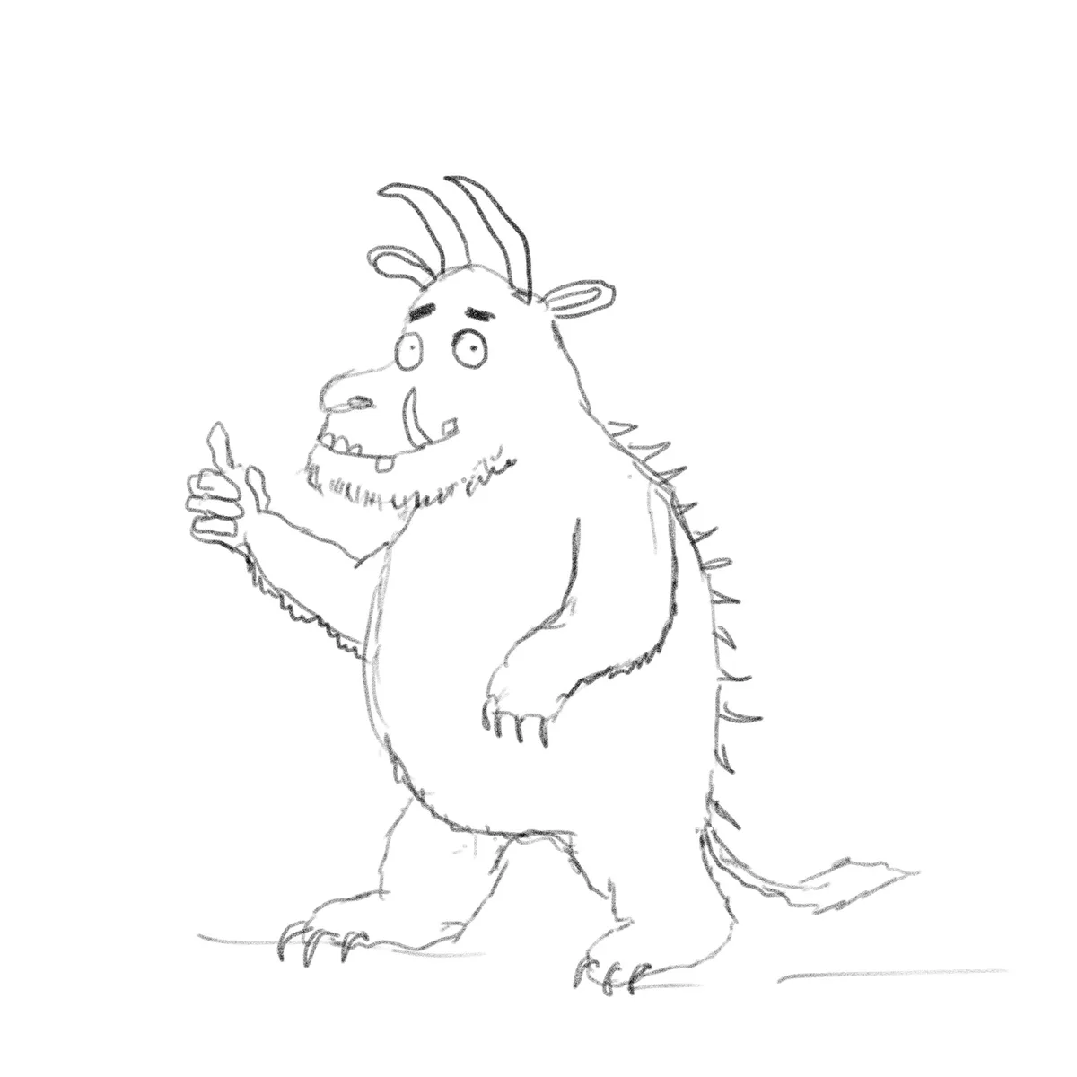 A black-and-white line drawing shows a cartoonish, bipedal goat-like monster with horns, a spiky back, and a wide grin…