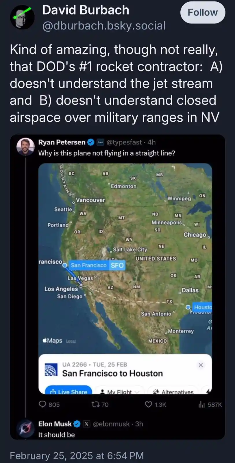 A screenshot of a Twitter thread shows a map from Apple Maps displaying a flight path from San Francisco to Houston that…