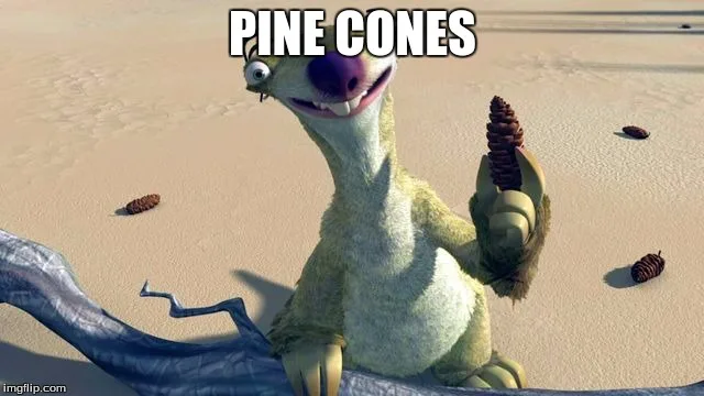 A cartoon sloth from Ice Age sits on a log in a sandy desert, holding a pine cone in one hand while several others lie…