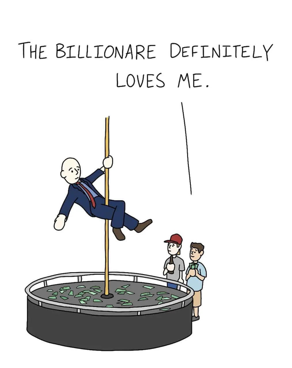 A cartoon depicts a bald man in a suit clinging to a pole stuck in a circular pit filled with money, while two smaller men…