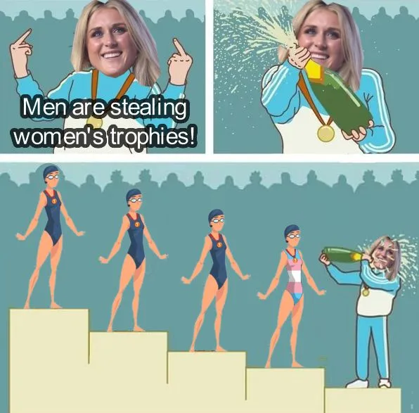 A two-panel meme shows a blonde woman in a blue tracksuit with a gold medal, first pointing accusingly with the text 'Men…