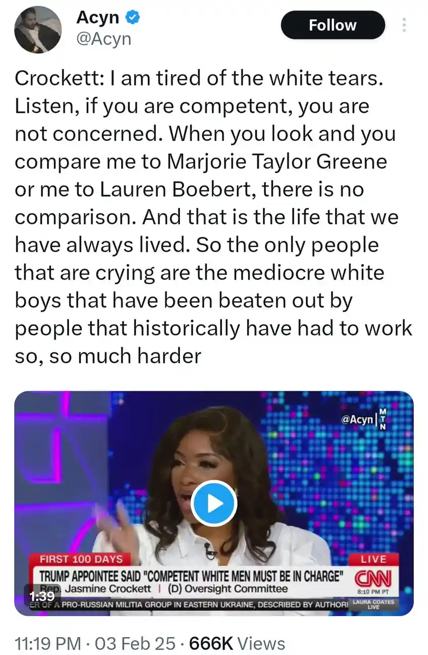 A screenshot of a tweet by Acyn featuring a video clip of Rep. Jasmine Crockett speaking on CNN. The overlaid text is her…