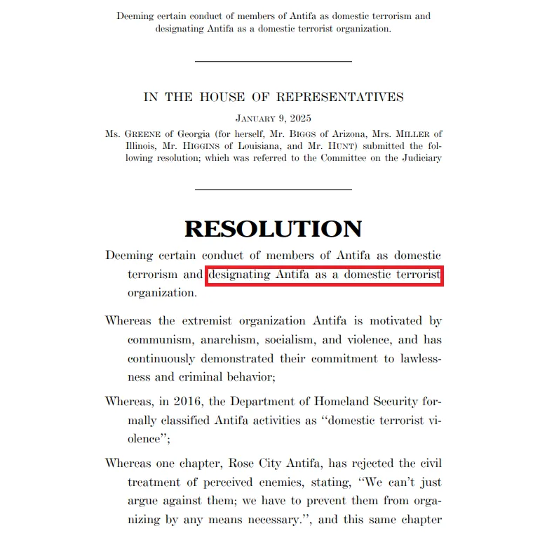 A formal U.S. House of Representatives resolution document dated January 9, 2025, is shown with the phrase 'designating…