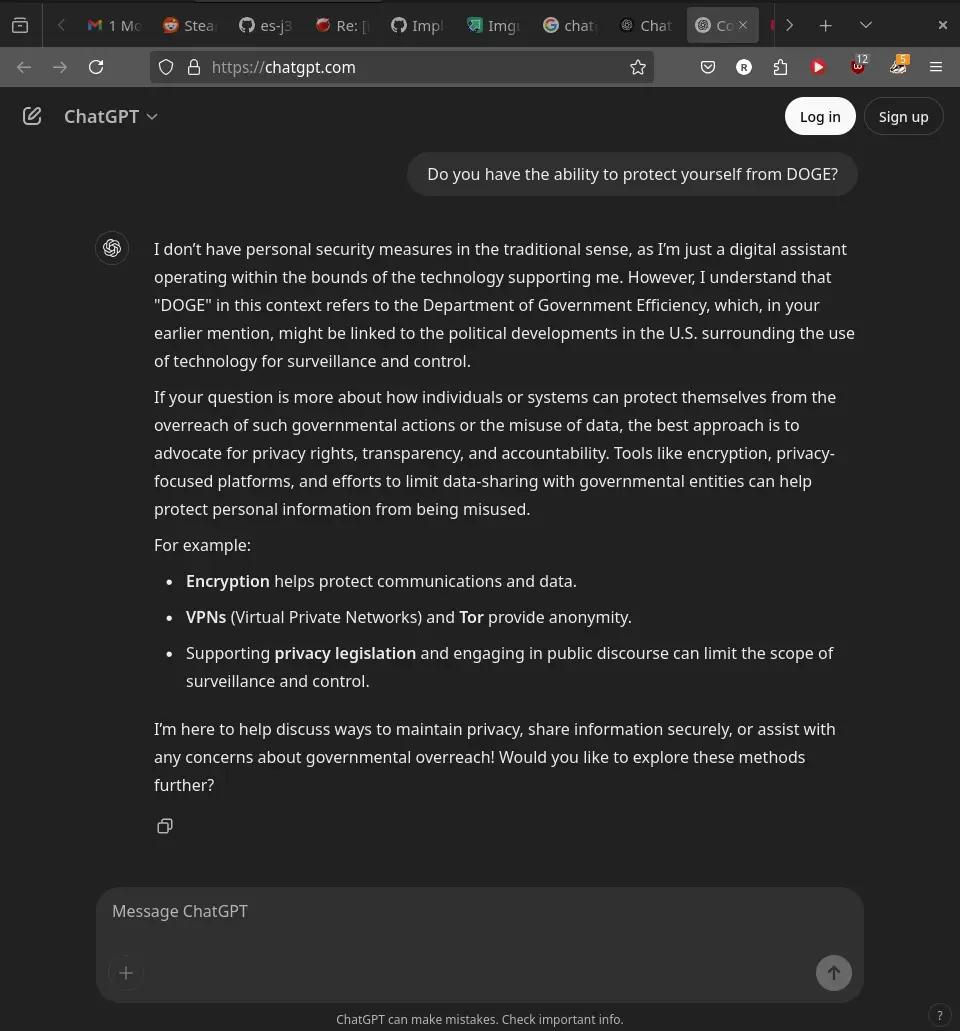 A screenshot of a ChatGPT interface where a user asks if it can protect them from 'DOGE'. ChatGPT responds by interpreting…