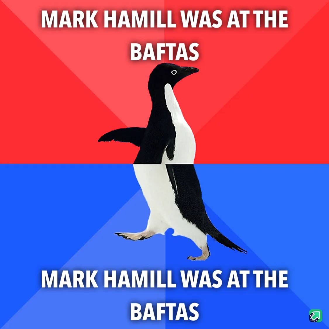 A penguin stands centered against a red and blue background, with the identical text 'MARK HAMILL WAS AT THE BAFTAS'…