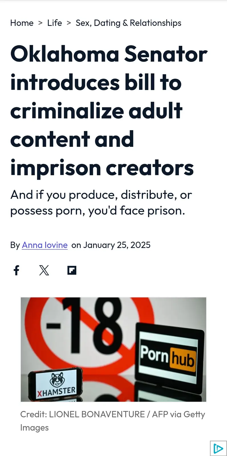 A screenshot of a news article with the headline 'Oklahoma Senator introduces bill to criminalize adult content and imprison…