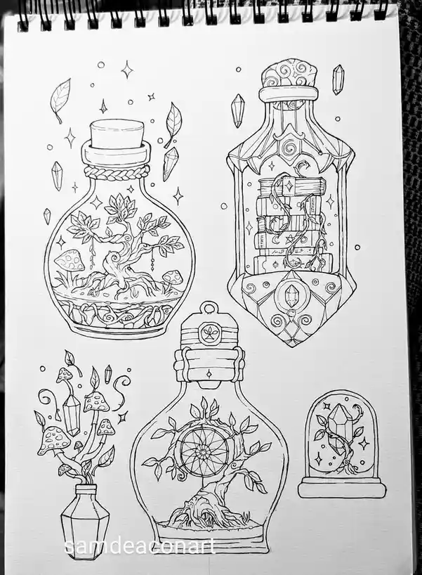 A black-and-white line drawing on a spiral-bound notebook page shows five distinct fantasy-themed containers: a round bottle…