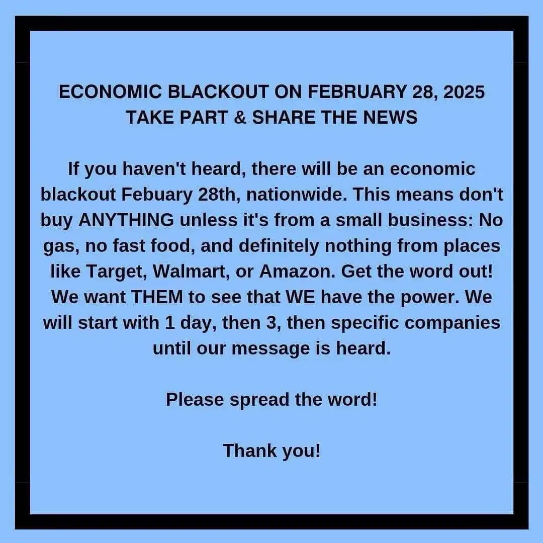A light blue image with black text mimicking a fake public notice. The text announces a fictional 'economic blackout' on…