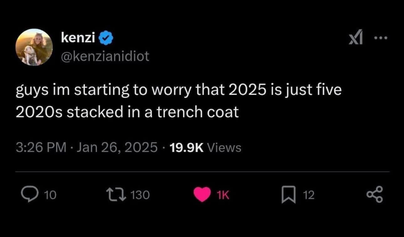 A screenshot of a Twitter post from user 'kenzi' (@kenzianidiot) dated January 26, 2025, which reads 'guys im starting to…