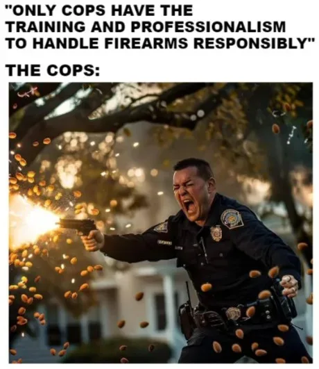 A police officer in uniform is depicted firing a handgun, with bright muzzle flash and numerous almonds flying through the…