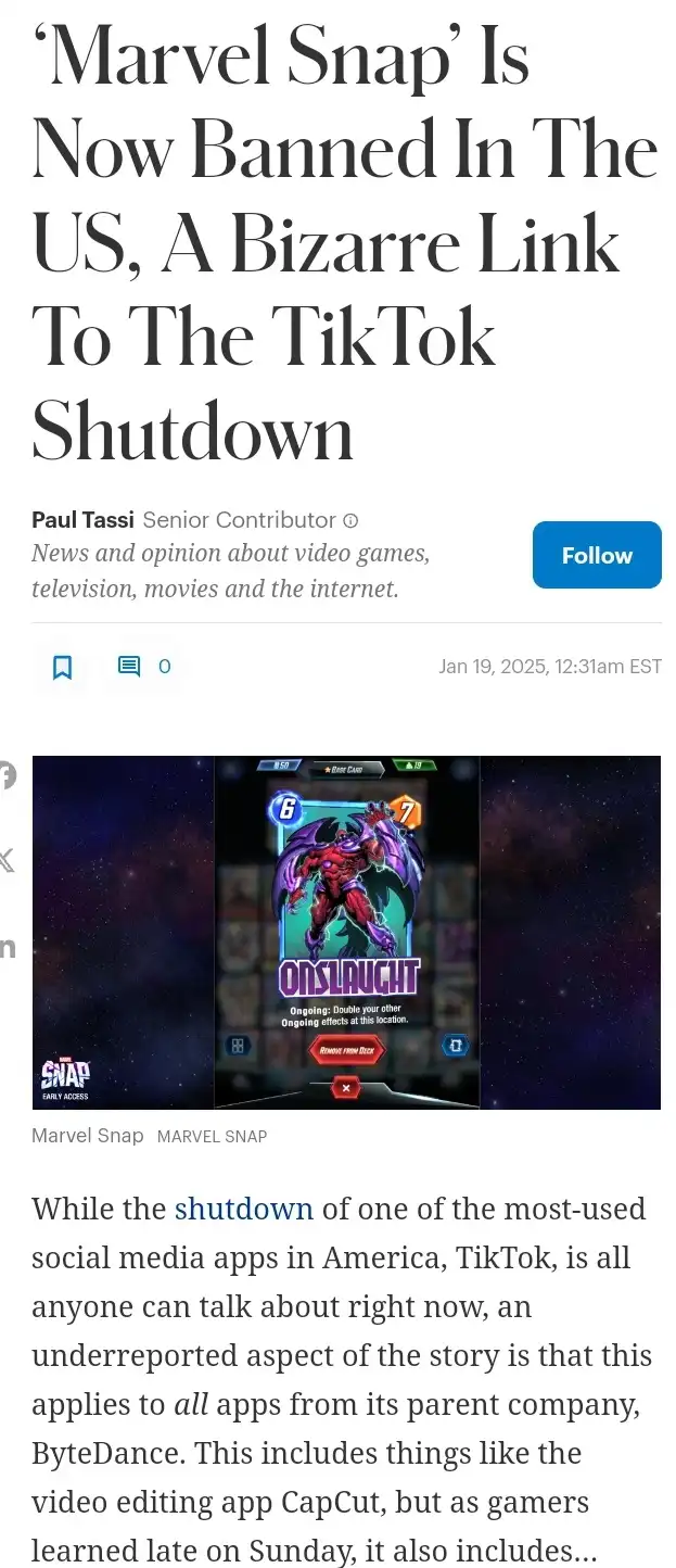 Marvel Snap Faces a Surprising Ban in the US Linked to the TikTok Shutdown