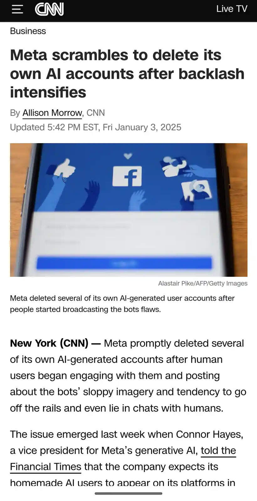 A screenshot of a CNN news article titled 'Meta scrambles to delete its own AI accounts after backlash intensifies' shows a…