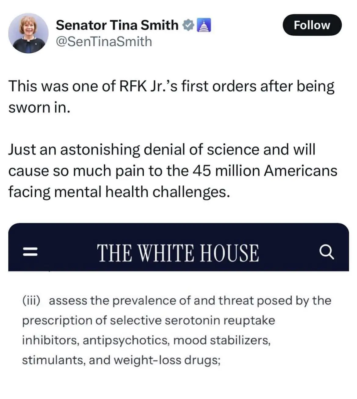 A screenshot of a tweet from Senator Tina Smith criticizing RFK Jr.'s first executive order, which is shown as a White House…