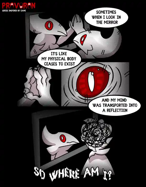 A comic strip shows a stylized, bird-like character with red eyes looking into a mirror. The character describes feeling…