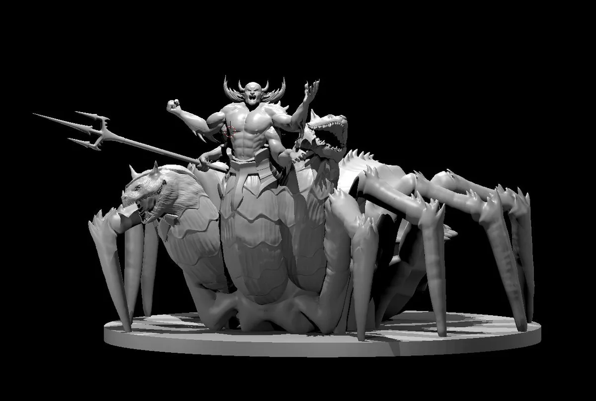 A grayscale 3D-printed figurine shows a muscular, horned humanoid with a trident riding a multi-legged, spider-like…