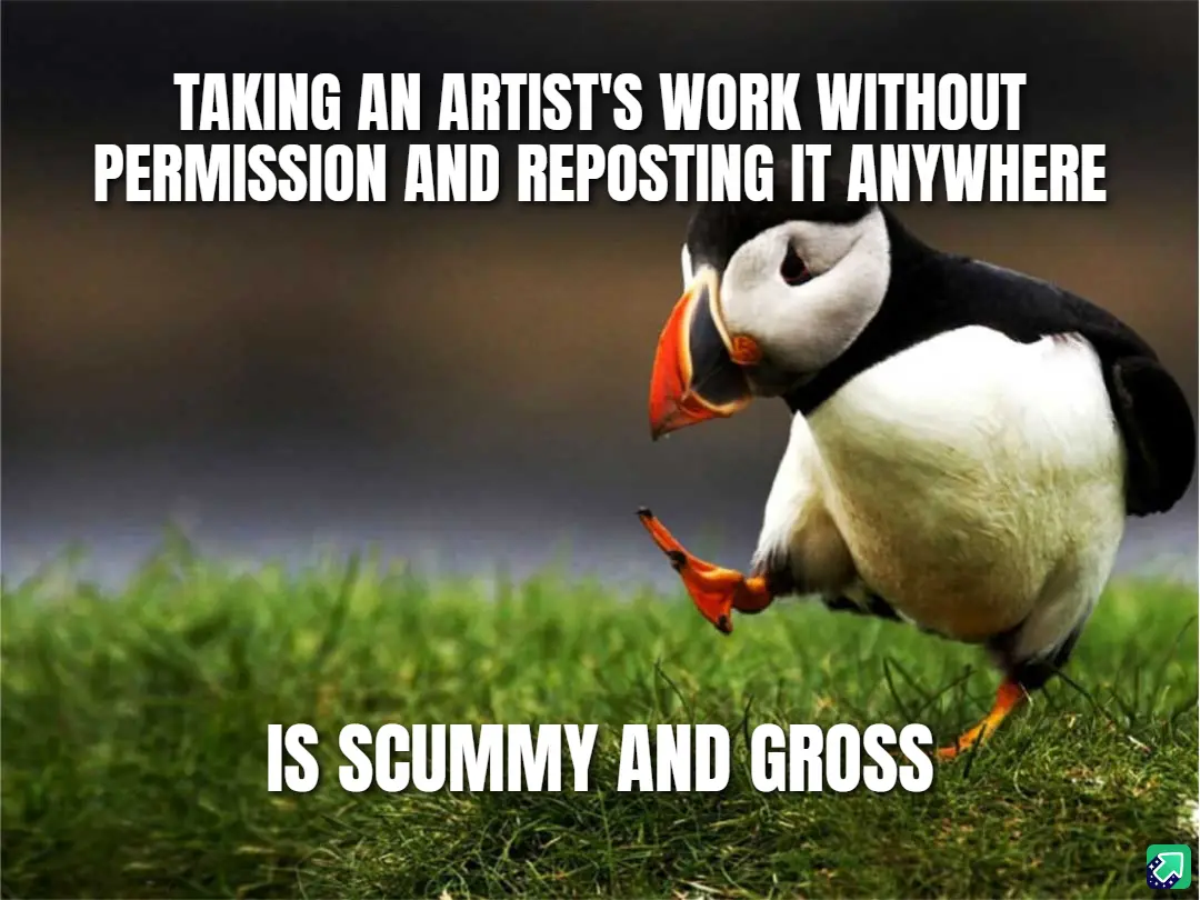 A photograph of a puffin standing on green grass, looking down with one foot lifted, overlaid with bold white text that…