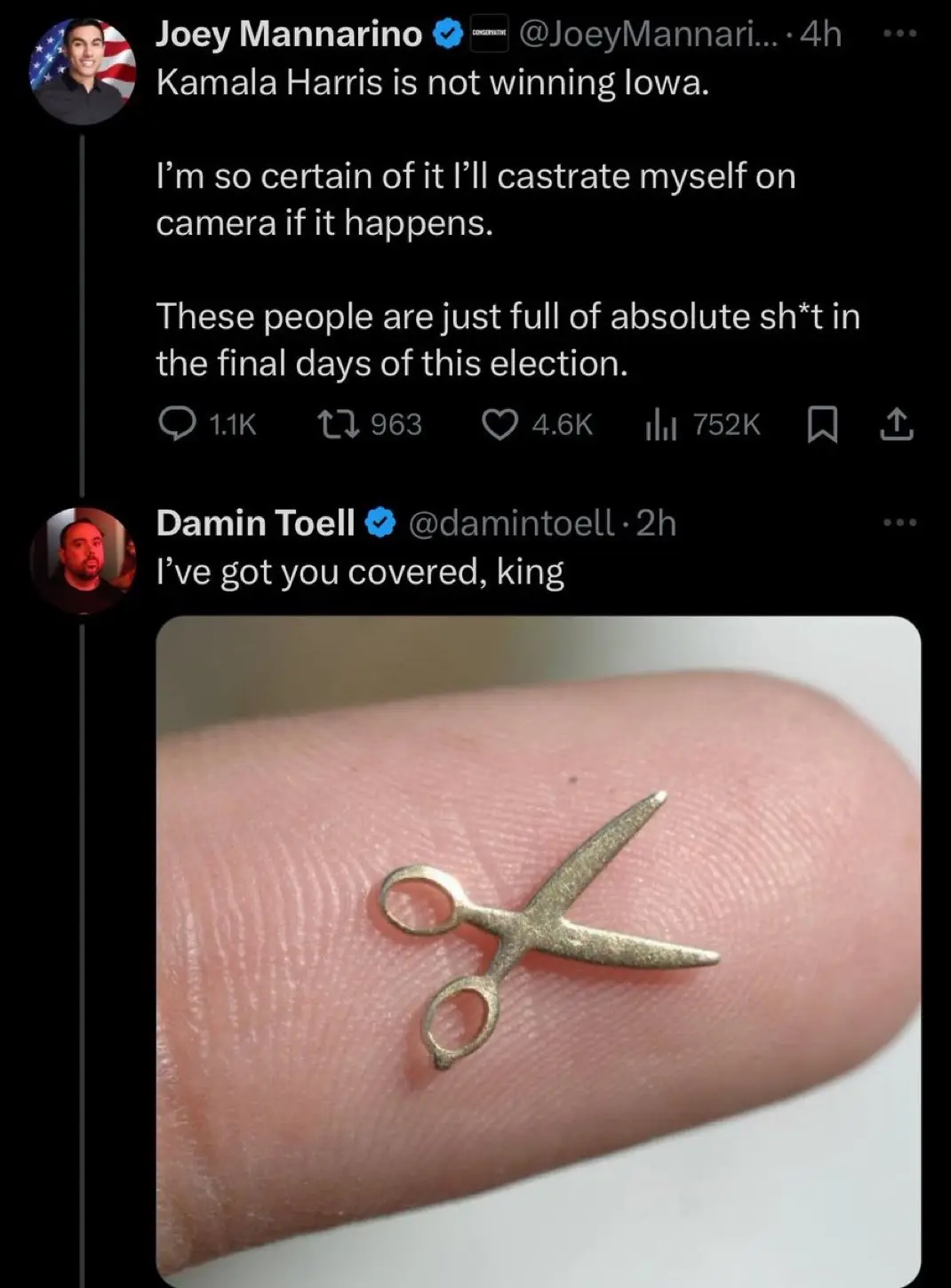 A screenshot of a Twitter thread shows Joey Mannarino expressing extreme certainty that Kamala Harris won't win Iowa…
