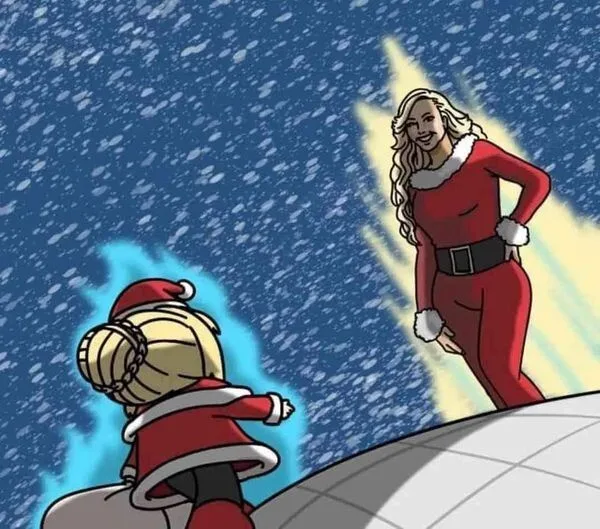 A cartoon Santa Claus, viewed from behind, is frozen in place with a blue aura around him, staring up at a glowing woman in…