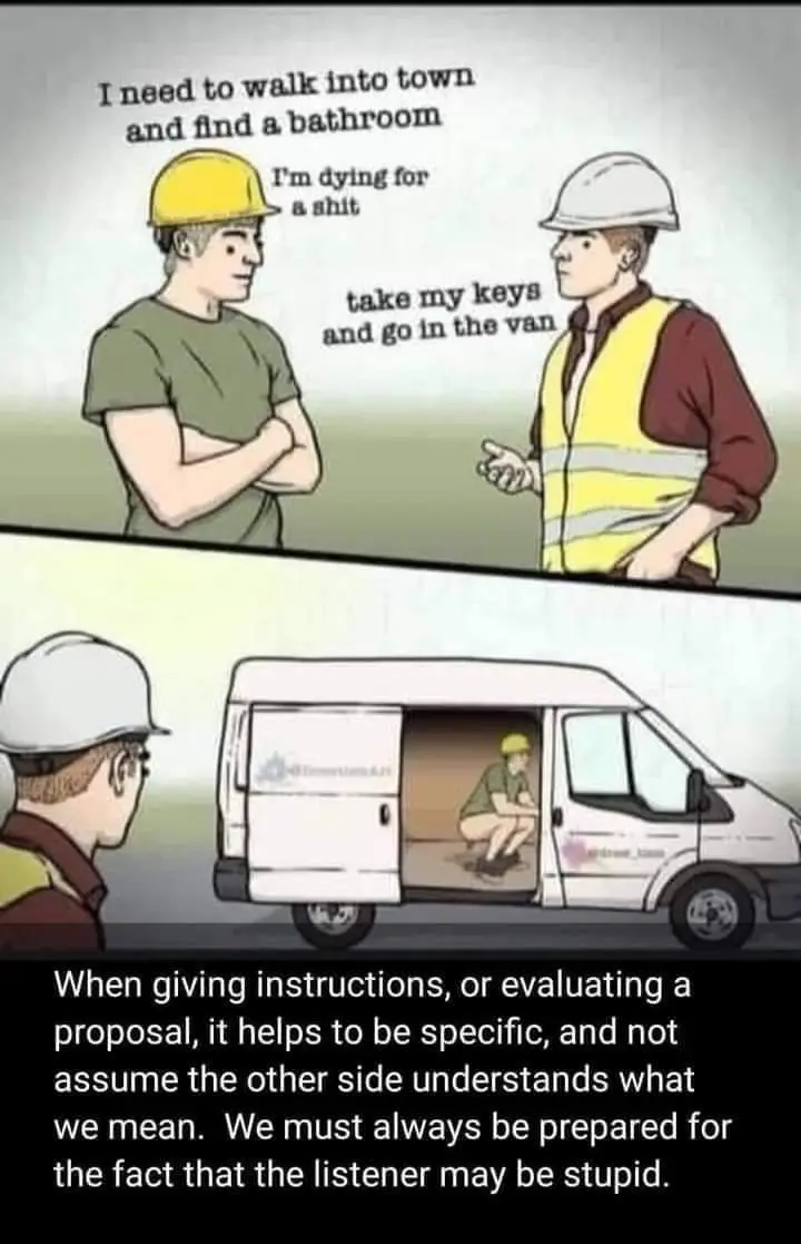 Two construction workers are shown in a two-panel comic. In the top panel, one worker says he needs to walk into town to…