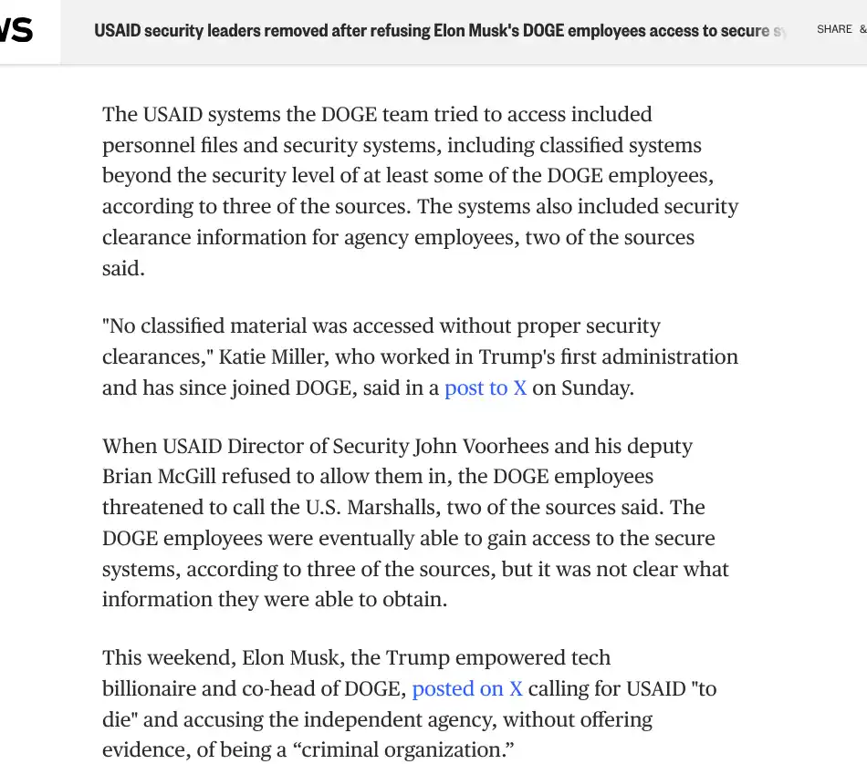 A screenshot of a news article about USAID security leaders being removed after refusing access to Elon Musk's DOGE team to…