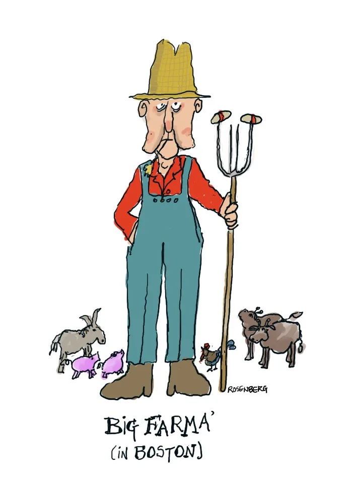 A cartoon farmer wearing a yellow hat and blue overalls holds a pitchfork while standing among farm animals including pigs…