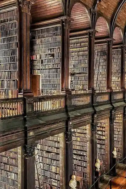 An ornate, multi-level library with towering wooden bookshelves filled with books, arched ceilings, and classical statues…