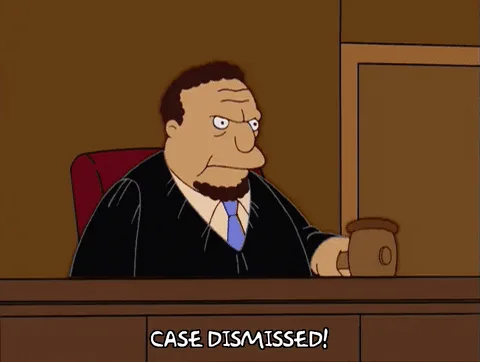 A cartoon judge in a black robe and blue tie sits at a wooden bench in a courtroom, holding a gavel. The image is repeated…