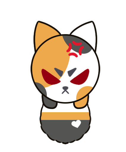 A cartoon calico cat with a split face—half angry with red eyes and angry eyebrows, half calm with a neutral…