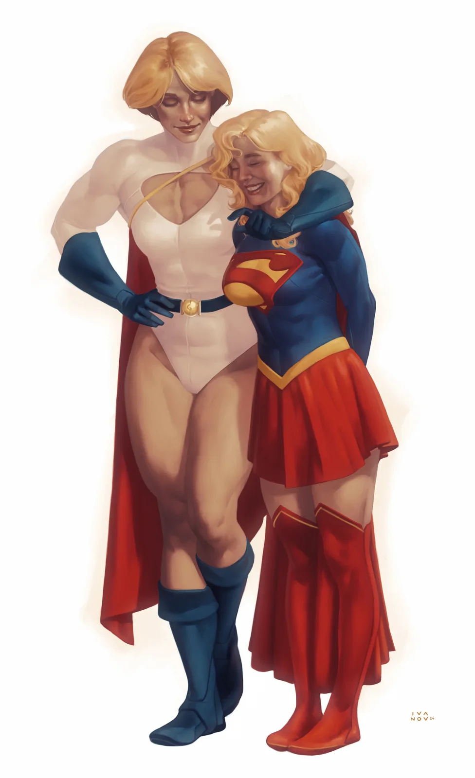 Two female superheroes, one in a white bodysuit with a red cape and blue boots (Power Girl) and the other in a blue and red…
