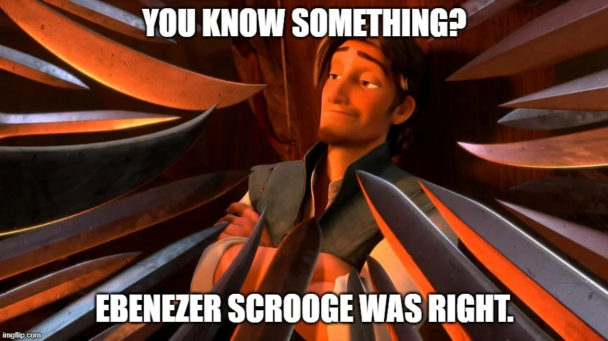 An animated character with a smug expression stands surrounded by numerous knives radiating outward. The text overlaid in…
