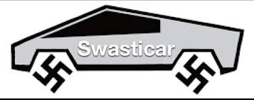 A stylized gray car silhouette with black swastikas on its front wheels and the word 'Swasticar' written across the center…