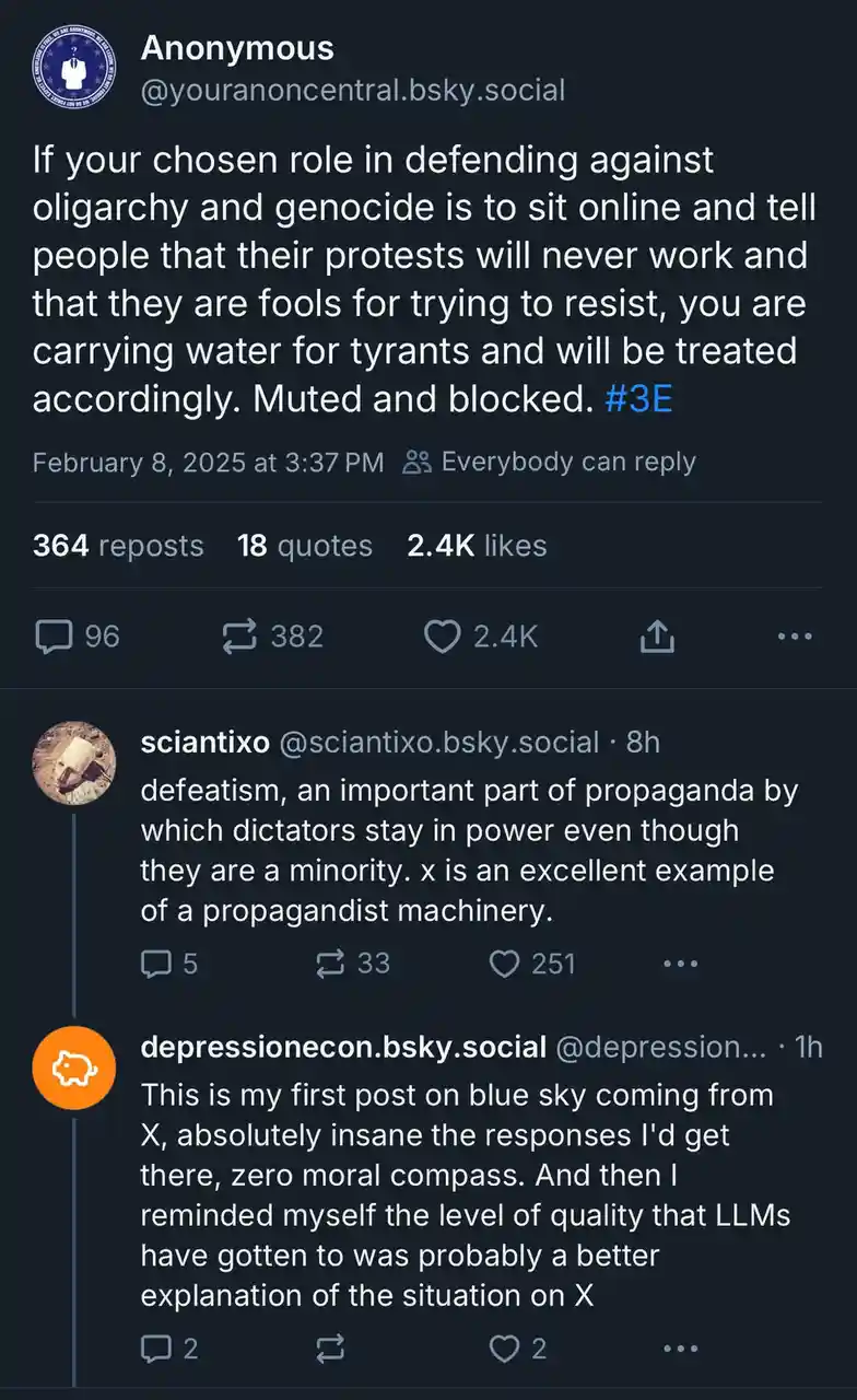 A screenshot of a Blue Sky social media post by 'Anonymous' with a dark background and white text, warning that people who…