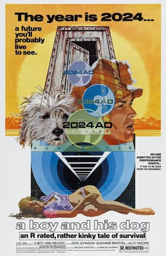 This image is a digitally altered movie poster for 'A Boy and His Dog,' featuring a dog and a man's face superimposed over a…