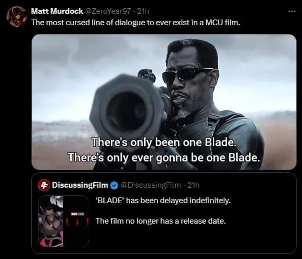 A screenshot of a tweet by Matt Murdock (@ZeroYear97) showing a still from the movie 'Blade' where the character, played by…