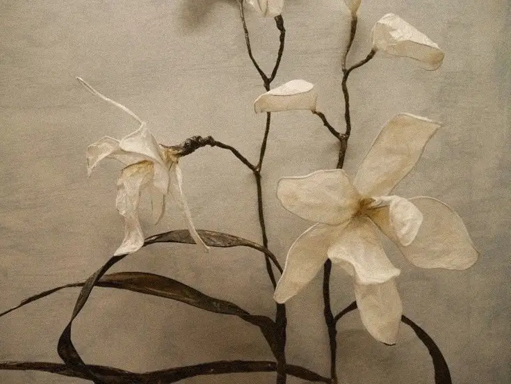 A sepia-toned image of dried, wilting white flowers on dark stems against a textured beige background. The overlaid text…