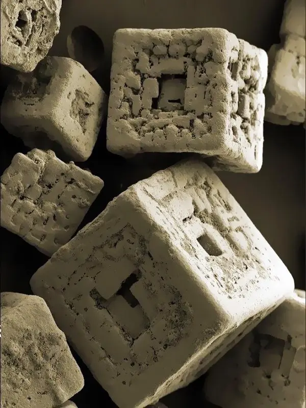 The image shows a close-up of several rough, beige, cube-shaped objects with square cutouts, resembling ancient or…