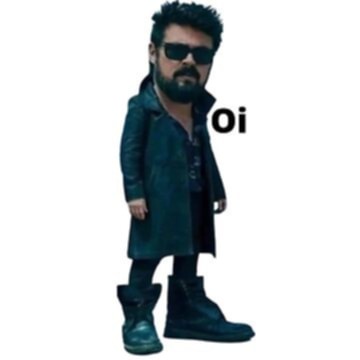 A person with a beard and sunglasses, wearing a long dark coat and boots, stands in a stiff pose against a white background…