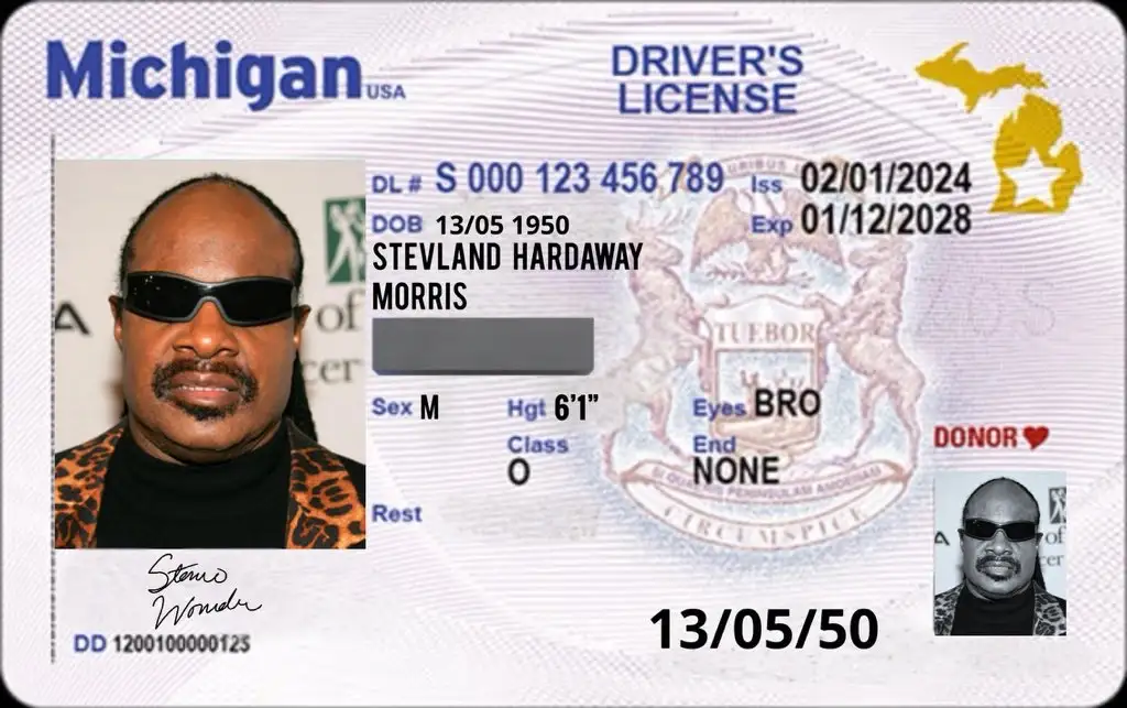 A Michigan driver's license template is edited to feature Stevie Wonder's photo and signature, with his birth date…