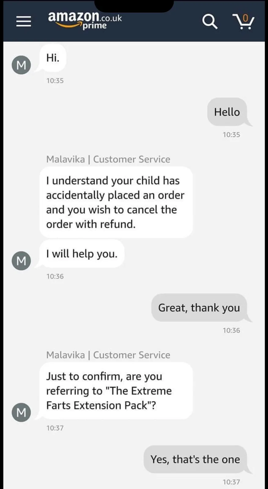 A screenshot of an Amazon UK customer service chat where a user reports a child's accidental order for refund, and the agent…