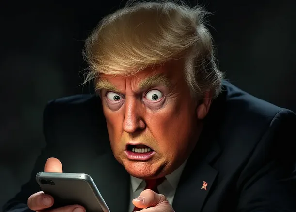 a digitally altered image of Donald Trump with exaggerated wide eyes and a shocked expression, looking down at a smartphone…