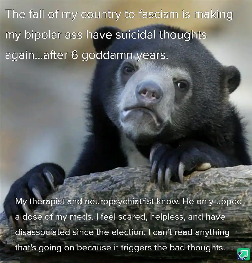 A close-up photo of a sad-looking sun bear resting its paws on a log, with white text overlaid in two paragraphs. The text…