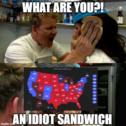 A split image shows chef Gordon Ramsay yelling 'WHAT ARE YOU?!' at a woman holding a sandwich to her face. The bottom panel…
