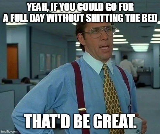 A man in a blue shirt, red suspenders, and patterned tie stands in an office holding a mug, looking incredulous. The…