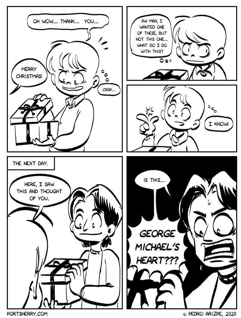 A four-panel comic strip shows a character receiving a wrapped gift, then opening it to find a heart-shaped object, which…