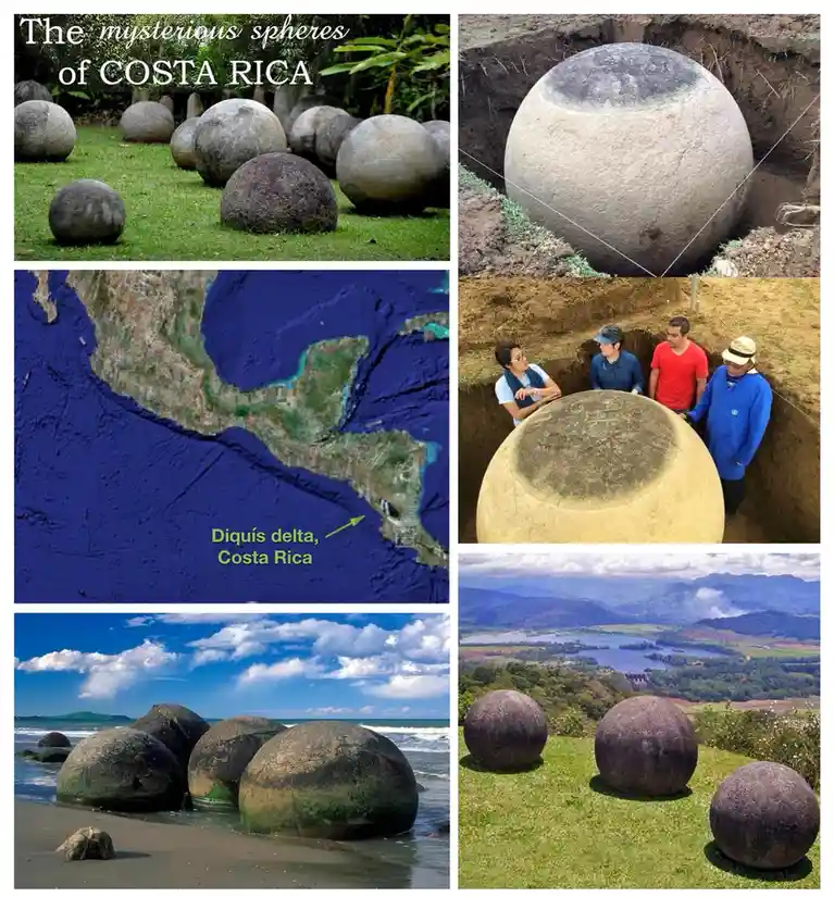 A collage of six images showing large, perfectly spherical stone objects in Costa Rica. The top-left image shows many…