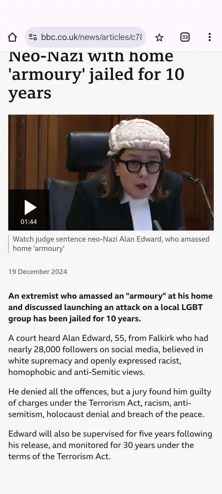 A screenshot of a BBC News article about a neo-Nazi named Alan Edward being jailed for 10 years after amassing an 'armoury'…