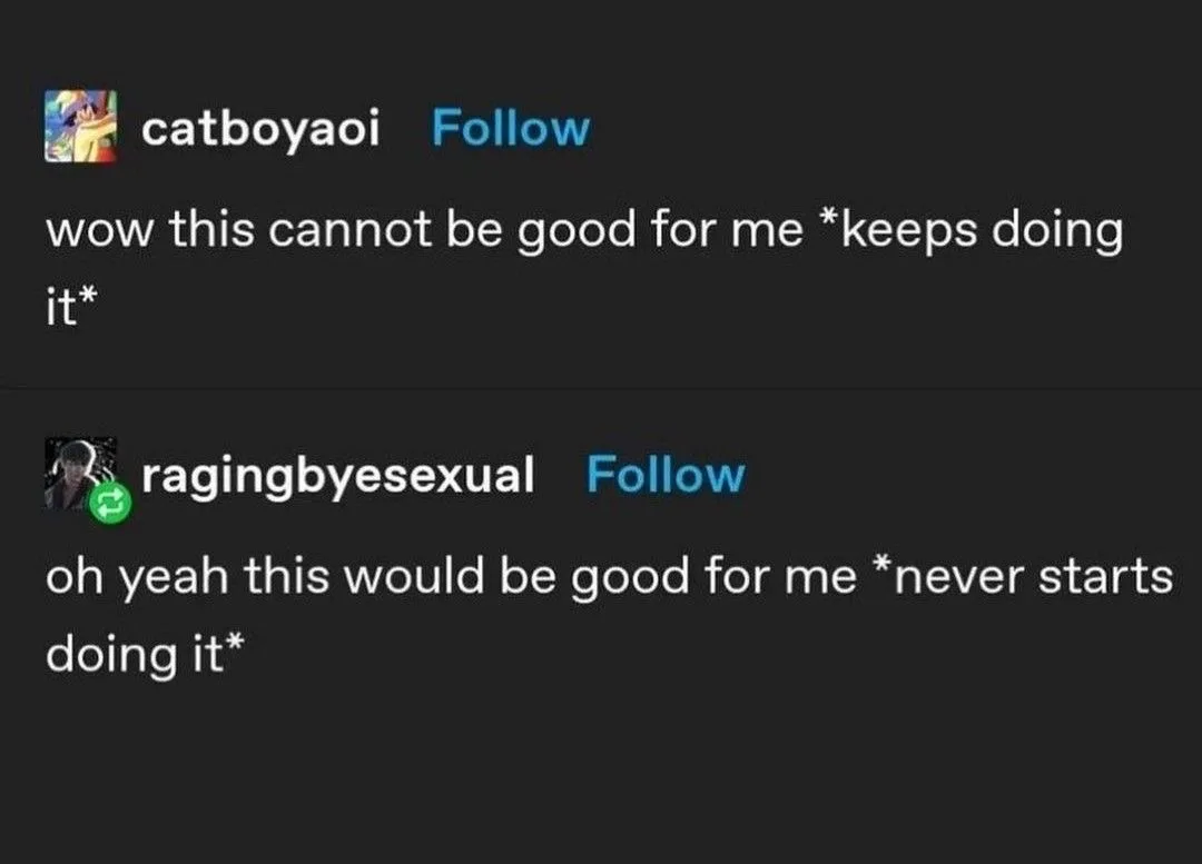 A screenshot of two social media posts side-by-side. The top post from 'catboyaoi' reads 'wow this cannot be good for me…