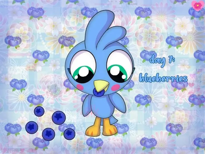 A cartoon blue bird with large green eyes and a blueberry in its beak stands on a floral background filled with blueberries…