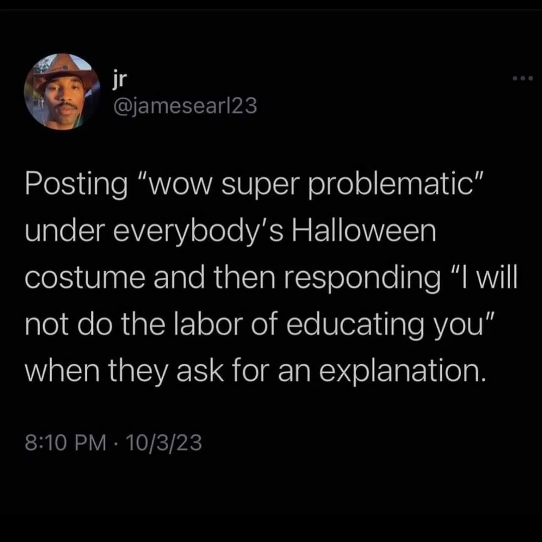 A screenshot of a tweet by user 'jr' (@jamesearl23) from October 3, 2023, at 8:10 PM, featuring a profile picture of a man…