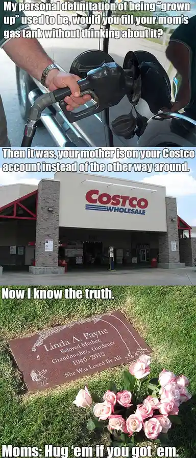 A three-panel meme showing a person filling a car's gas tank, then a Costco store, then a gravestone for 'Linda A. Payne'…